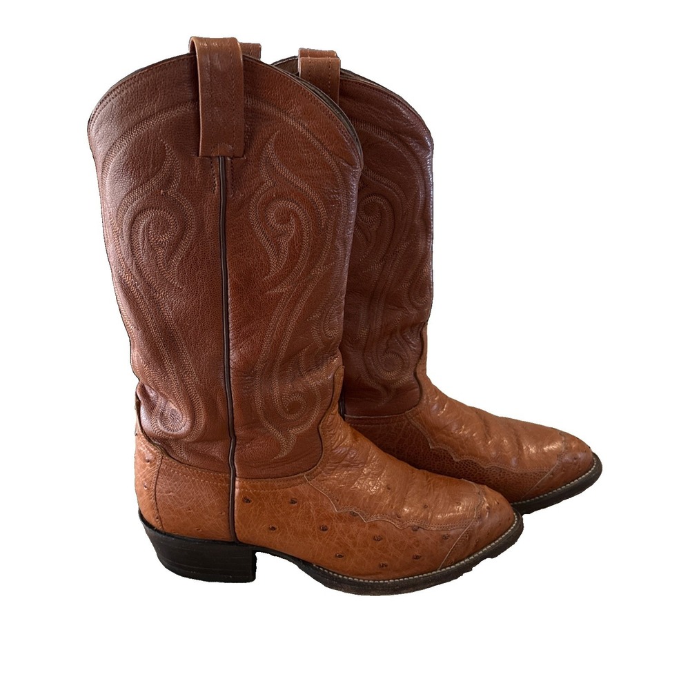 Tony Lama Ostrich Cowboy Boots Mens 8 Tan Brandy Smooth Exotic Western CZ906